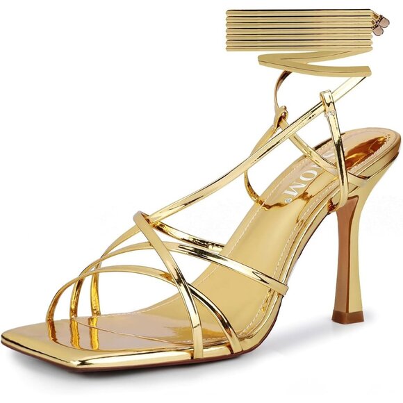 Shoes - Women's Gold  Lace Up Square Toe Open Thong Stylish Comfortable Stiletto Heel